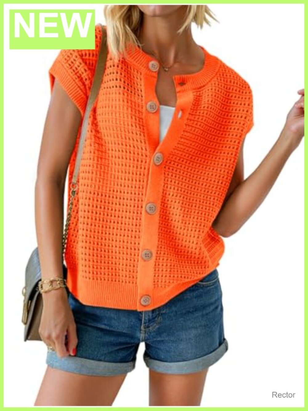 Womens Crochet Button Down Cap Sleeve Sweater Vest Knit Cardigan Top